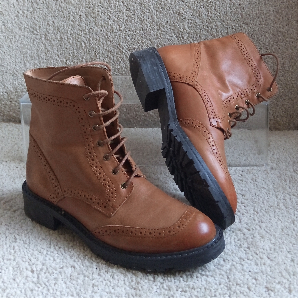 Like New Zara Women's Tan Leather Lace Up Ankle Boots - Picture 5 of 12